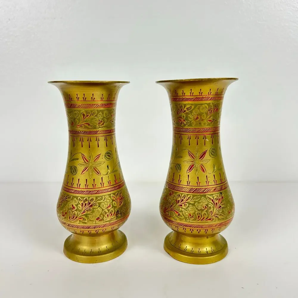 Vintage Brass Hand Carved Etched Brass Vases Set of 2 Made in India Red